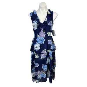 Velvet Torch Sleeveless Blue Floral Print Tiered Ruffle Dress Size M NWT